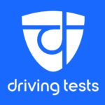 A light blue square with the logo for Driving Tests in white. The logo is shaped like a shield, with a overlapping "d" and "t."