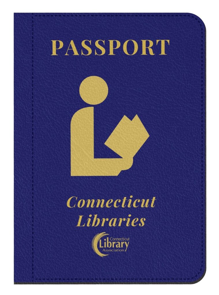 A blue passport book is printed with the logo for CT Library Association, the street logo for Public Library, and the word Passport.