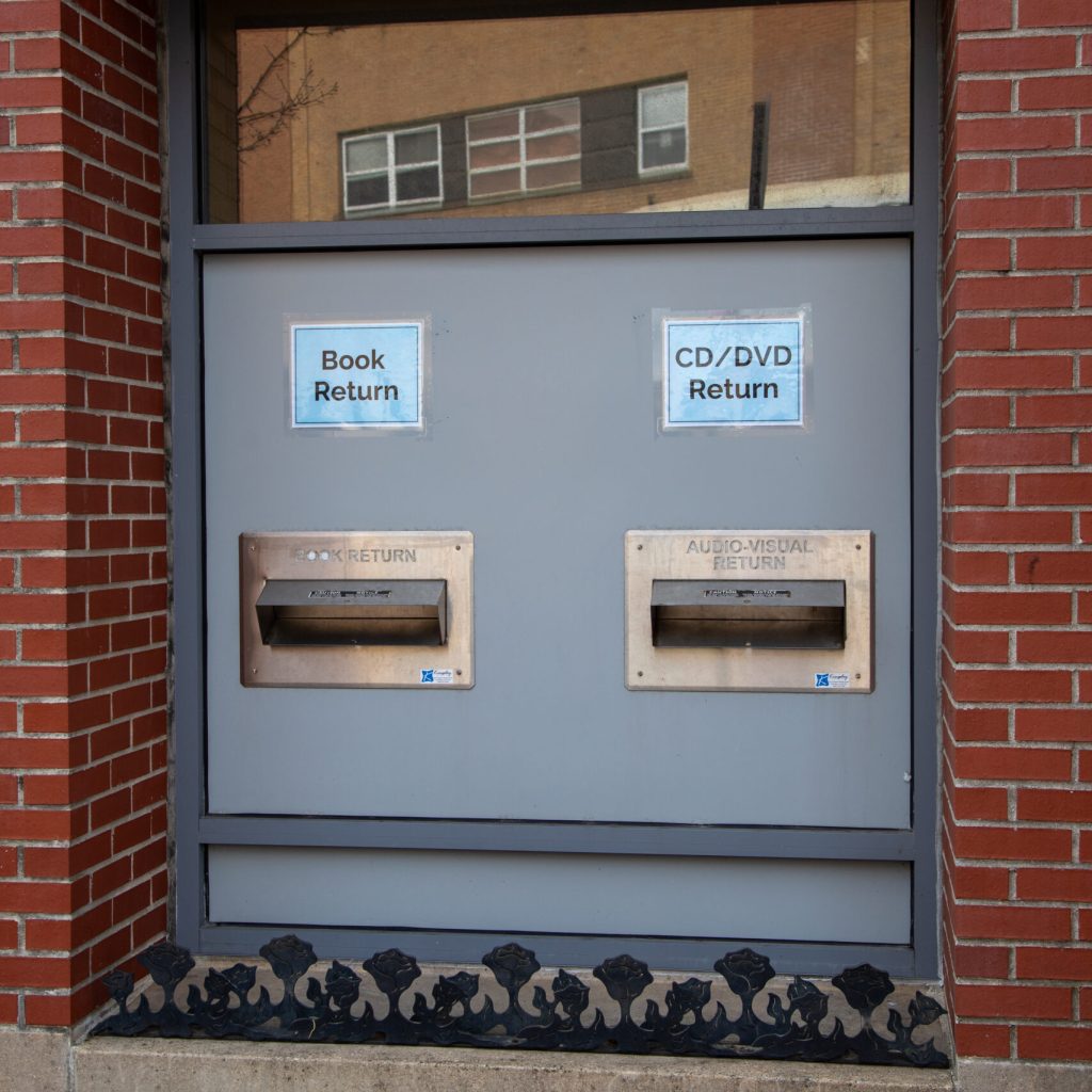 The Otis Library book drop is centered