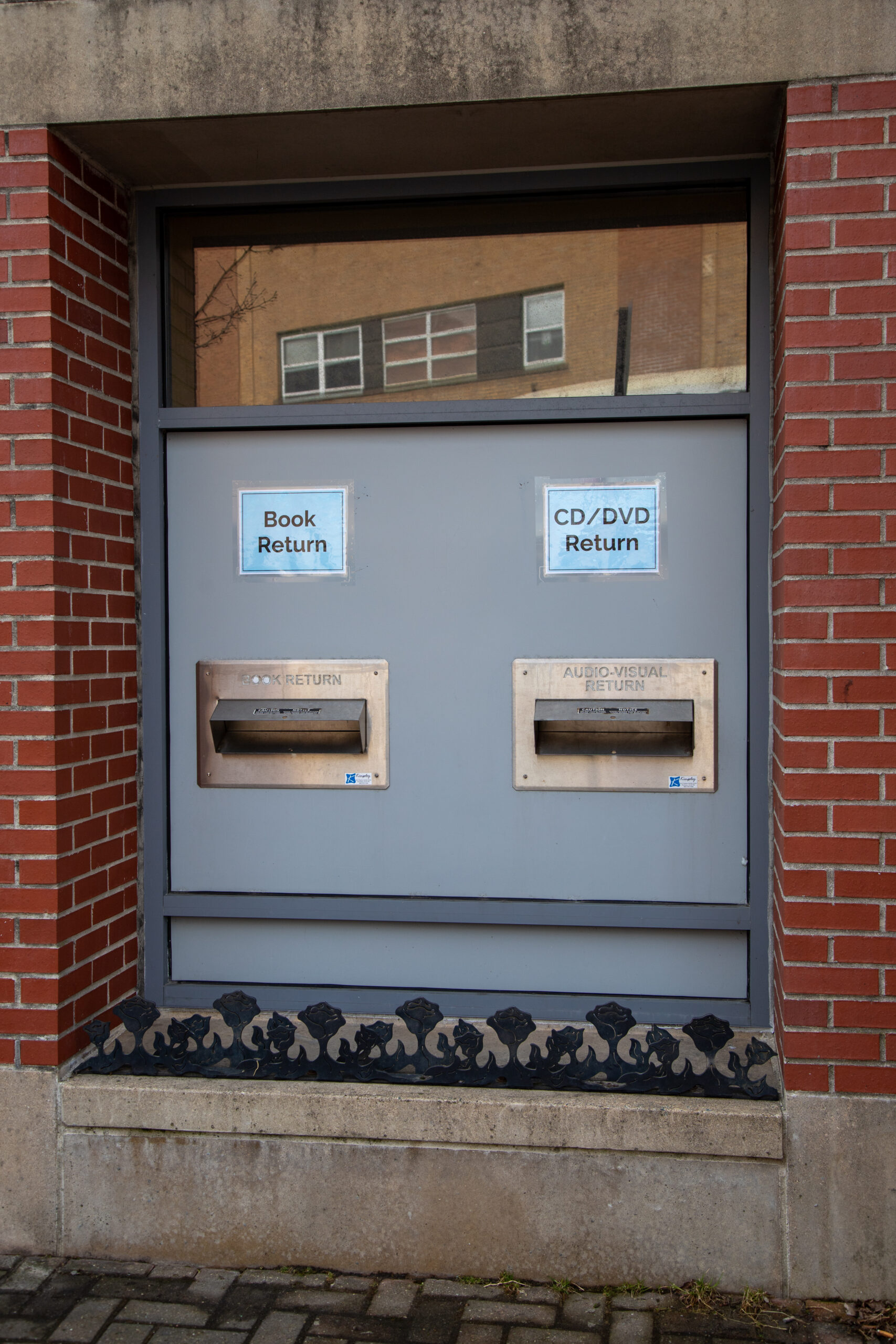 The Otis Library book drop is centered